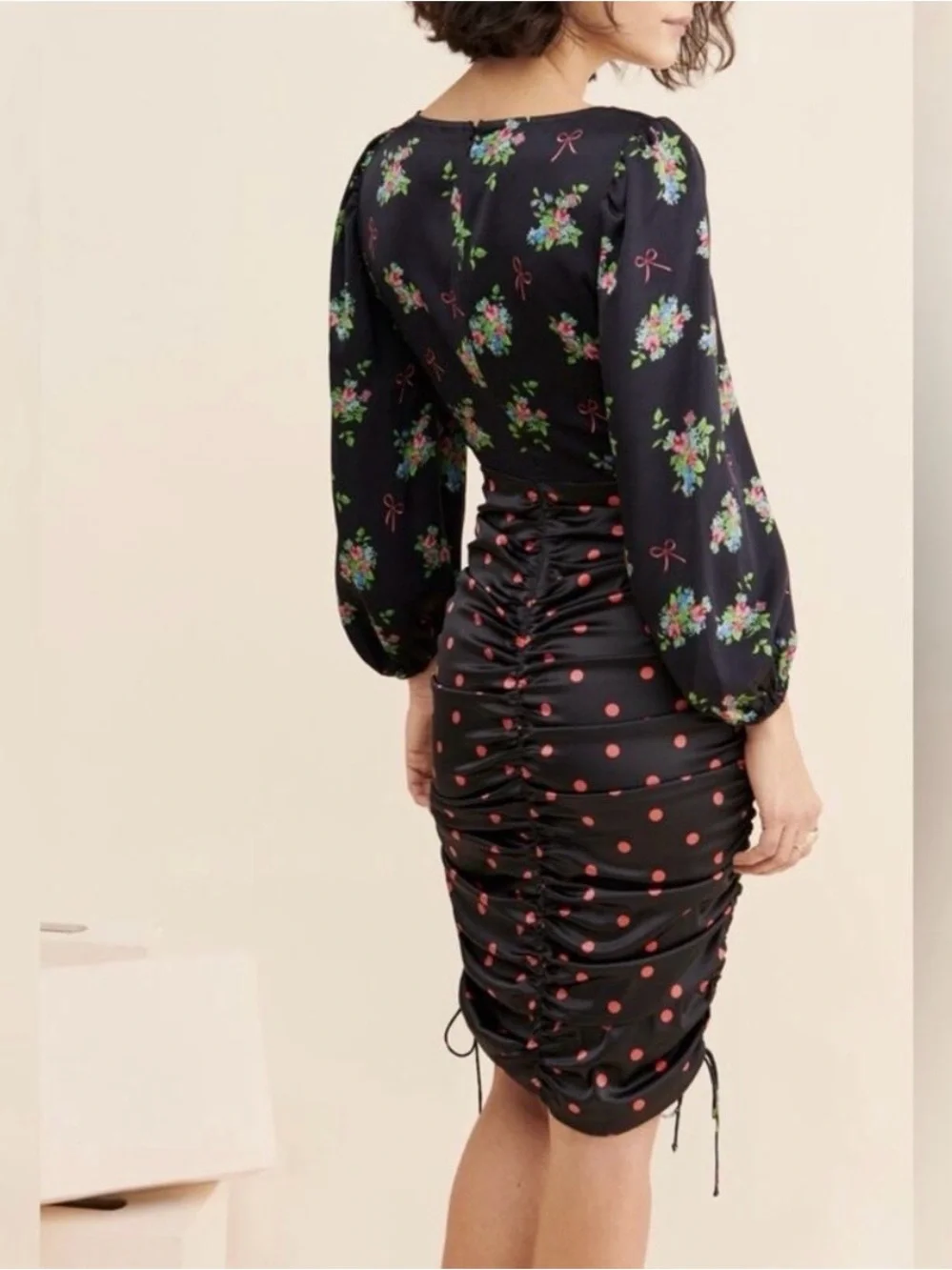 For Love and Lemons- Size L -Black Floral & Cherry Print Tie-Midi Dress